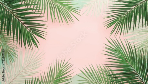 Tropical palm fronds arranged on a soft pink backdrop. Summer vibe. Flat lay perspective with ample copy space, square format.