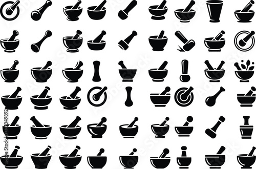 Pestle Icon Set – Traditional Kitchen Tool Silhouette Collection Mortar and Pestle Icons – Herbal and Cooking Equipment Vector Set