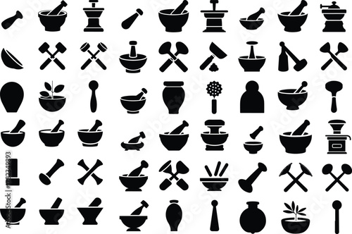 Pestle Icon Set – Traditional Kitchen Tool Silhouette Collection Mortar and Pestle Icons – Herbal and Cooking Equipment Vector Set