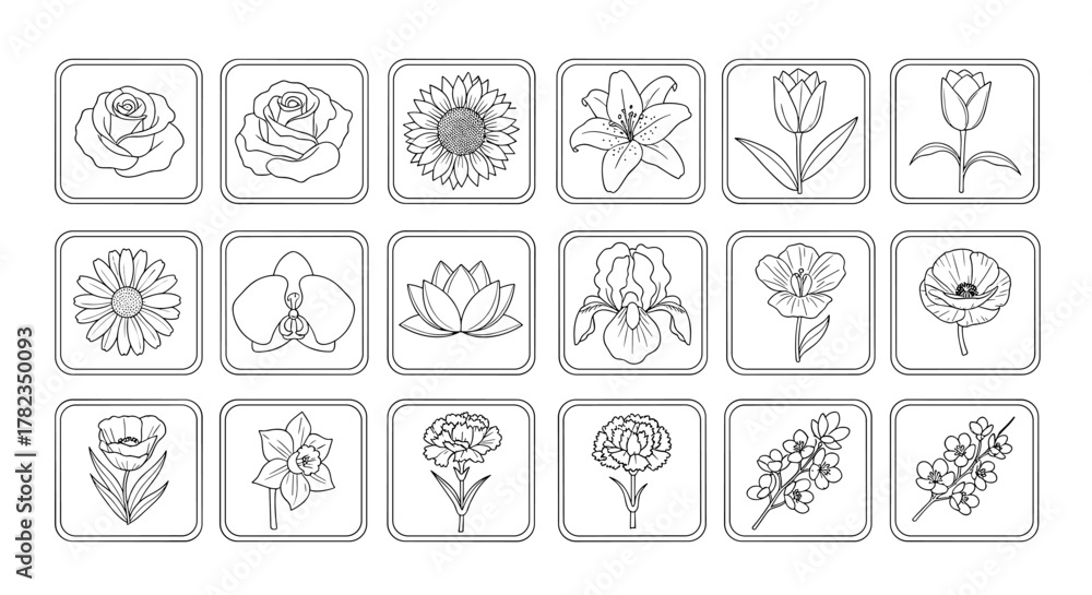 Fototapeta premium Set of 18 unique line art flower icons in square frames, featuring roses, sunflowers, lilies, tulips, daisies, orchids, lotuses, irises, poppies, daffodils, carnations, and cherry blossoms, presented