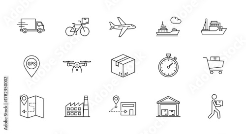 A comprehensive collection of minimalist thin line web icons representing various transport and delivery elements, including trucks, bicycles, airplanes, ships, drones, GPS markers, maps, factories