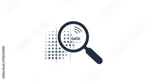 Magnifying glass over a digital grid of dots, revealing the word "DATA" and Wi-Fi signal waves, symbolizing data analysis, digital information, and technological research in a clean, modern line art