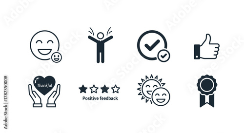 Satisfaction icon set featuring happiness, fulfillment, joy, recommendation, thankfulness, gratification, and positive feedback, all represented with clear, solid vector symbols for diverse