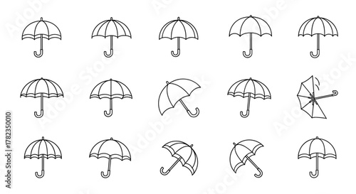 Collection of 15 outline icons representing umbrellas, parasols, and bumbershoots in various styles and orientations, perfect for graphic design, book illustrations, advertisements, and app