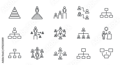 Set of thin line icons representing organizational hierarchy, leadership, and management concepts. Includes pyramid structures, stepped platforms, team collaboration, and reporting lines, all in a