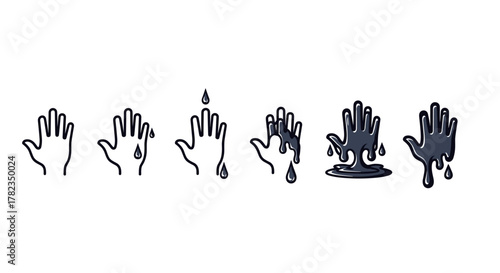 Set of six vector cartoon illustrations depicting a hand and oil drips on a white background, showcasing a progression from a clean hand to one covered in black viscous liquid, with dripping elements.