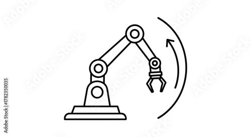 Outline icon set of mechanical movement, featuring gears turning, piston motion, conveyor belt, rotating fan, and a robotic arm with a gripper, symbolizing industry, technology, and automation in a