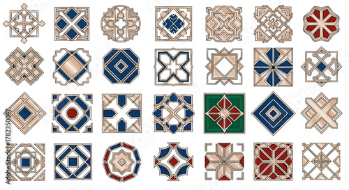 Collection of 30 intricate luxury geometric patterns and ornamental motifs, featuring abstract designs in blue, red, and beige with metallic sheen, presented as a vector cartoon illustration on a