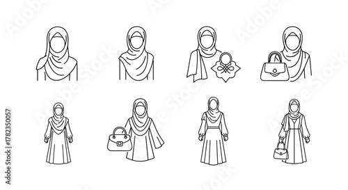 Set of eight elegant line art icons depicting Muslim women wearing hijabs and fashionable attire, including various handbag styles, presented on a clean white background, perfect for fashion and