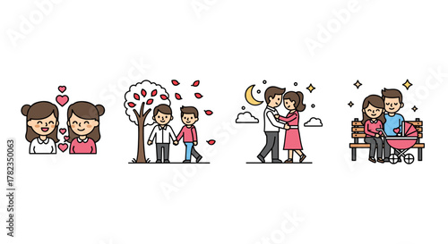 Charming vector cartoon illustration depicting various stages of love and relationships, including same-sex couples, romantic walks, nighttime dances, and family moments with a baby stroller, all set