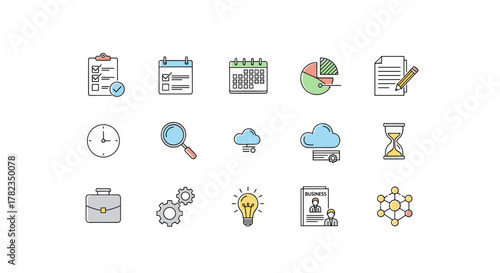 Set of 15 colorful flat icons representing business planning, task management, and productivity tools, including a clipboard with checklist, calendar, pie chart, document with pencil, clock