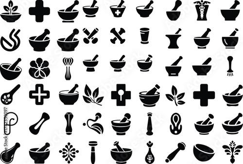 Pestle Icon Set – Traditional Kitchen Tool Silhouette Collection Mortar and Pestle Icons – Herbal and Cooking Equipment Vector Set