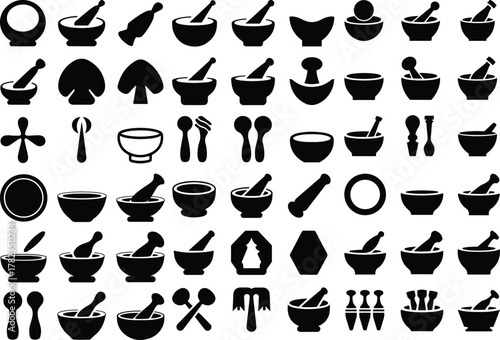 Pestle Icon Set – Traditional Kitchen Tool Silhouette Collection Mortar and Pestle Icons – Herbal and Cooking Equipment Vector Set