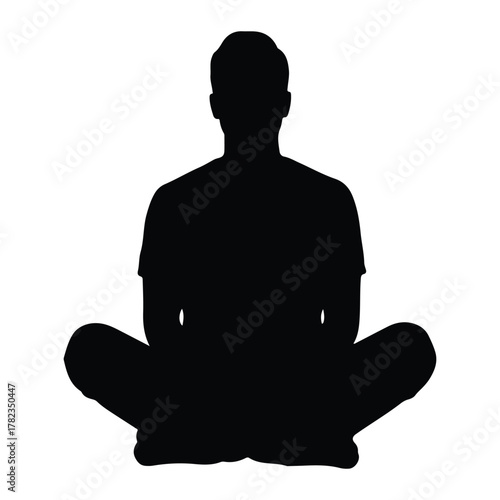 Silhouette of a person meditating in lotus pose on white background Keywords: meditation