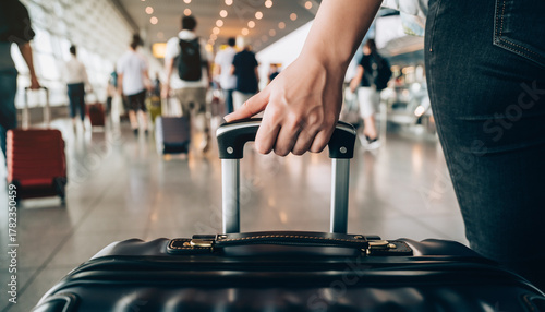 Travelers navigate busy airport terminal with luggage in hand during peak travel time
