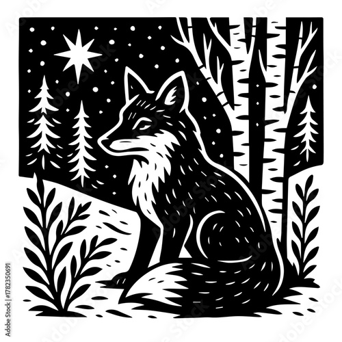 Moonlit Fox In Pine Woods Night Scene Hand Cut Paper Style