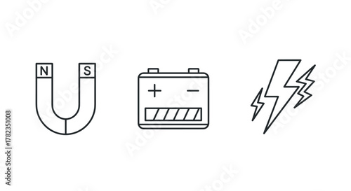 Set of three simple line icons representing fundamental scientific and technological concepts: a horseshoe magnet with North and South poles labeled, a car battery with positive and negative
