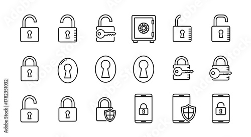 Collection of black line icons representing security and access, featuring locked and unlocked padlocks, keys, keyholes, a safe, and digital security symbols on smartphones, all on a clean white