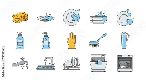Set of minimalistic flat icons representing dishwashing and kitchen cleaning tools, including sponges, soap dispensers, gloves, brushes, sinks, dish racks, and dishwashers, all on a clean white
