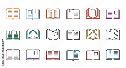 Collection of 18 open book icons in various filled colors, presented in a minimalistic linear pictogram style. These versatile vector graphics are perfect for web design, app interfaces, banners