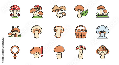 Collection of charming and versatile mushroom-themed line icons, perfect for web design, book illustrations, greeting cards, and mobile applications, featuring editable strokes and a delightful