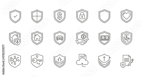 Collection of minimalistic linear shield and defense icons, representing insurance, security, and protection. This versatile set includes pictograms for web, graphic design, apps, banners, social