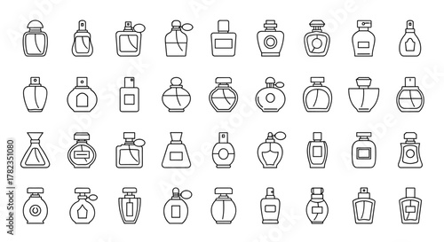 A collection of 36 minimalist outline icons representing various perfume bottles, presented in a linear, symbolic style suitable for graphic and web design, mobile applications, advertisements, and