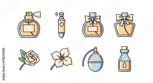 Collection of stylized line art icons representing various perfume bottles, atomizers, and floral elements, perfect for graphic design, advertising, and app development, presented on a clean white