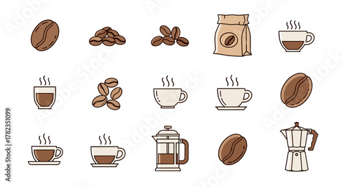 Collection of stylized flat icons representing coffee beans, cups of hot coffee, a coffee bag, a French press, and a moka pot, perfect for graphic and web design, apps, adverts, and various cards