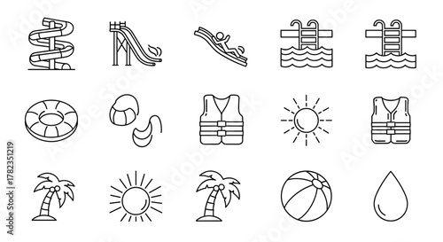 Collection of thin line icons representing water park and summer vacation elements, including various water slides, swimming pools with ladders, life vests, inflatable rings, palm trees, sun, beach