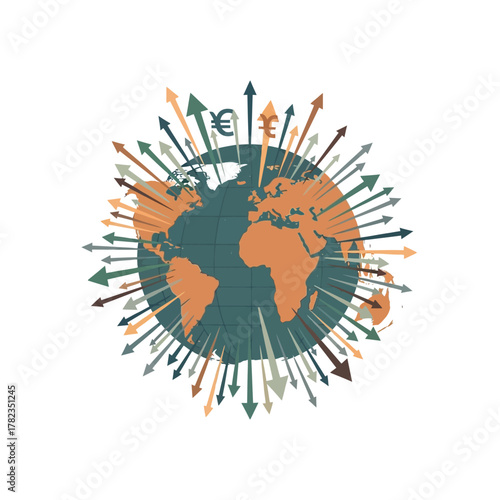 Vector illustration of a world globe with arrows symbolizing global trade, international finance, and economic expansion