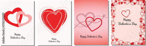 Four distinct happy valentine's day vector card designs, showcasing varied heart illustrations, love symbols, and romantic celebratory text.