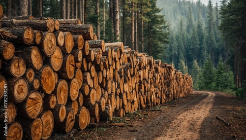 Stack of spruce logs ready for transport in the timber industry. Freshly cut trees lined up by the roadside. High resolution image of logged wood.