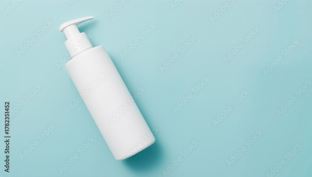 Fototapeta premium White shampoo bottle set against a vibrant aquamarine backdrop, promoting healthy scalp care