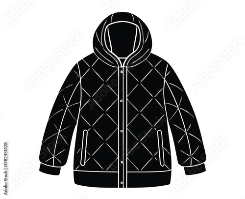 Black Quilted Jacket Illustration with Hood and Pockets Simple Design
