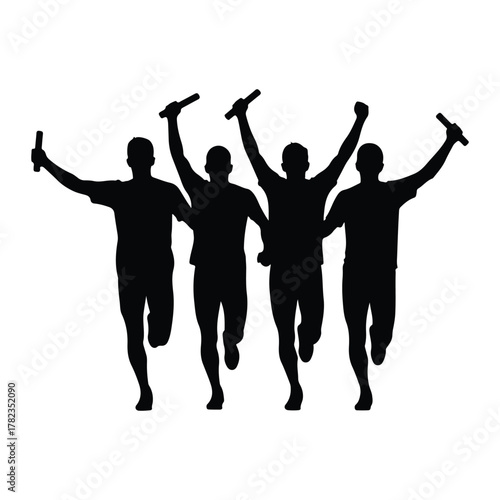 Silhouette of a relay race team celebrating victory
