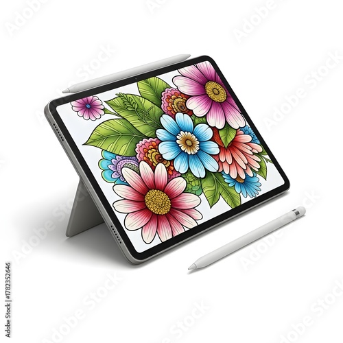 Digital tablet on white background displaying colorful floral art drawing hobby