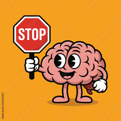Cartoon brain character holding a stop sign, representing the concept of stopping or pausing thought.