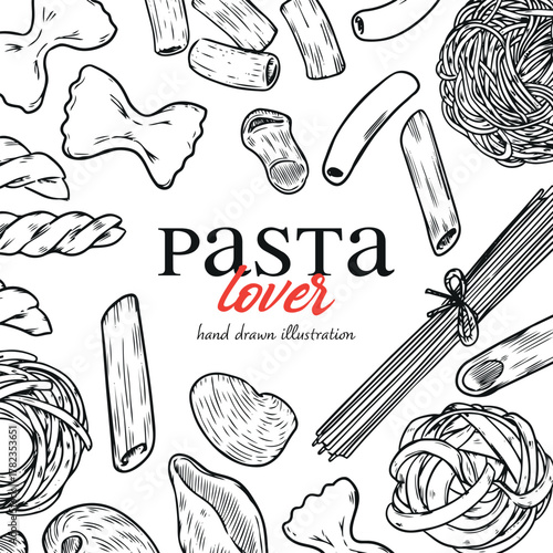Hand drawn pasta lover various kind of pasta outline drawing illustration