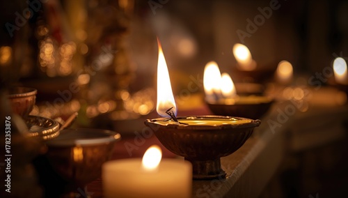 Butter lamps burning in a serene setting, providing light for spiritual rituals