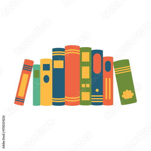 A colorful collection of books stands aligned on a white background.