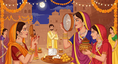 Vibrant illustration capturing the essence of the Indian Hindu festival Karwa Chauth, depicting a happy couple celebrating with traditional rituals and a beautifully decorated background, symbolizing