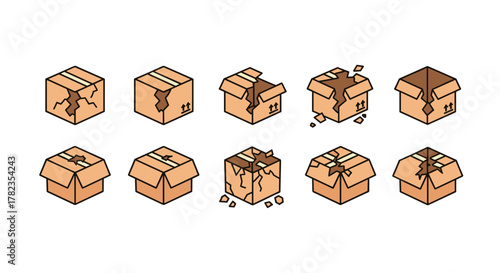 Set of ten minimalistic isometric icons depicting damaged cardboard boxes, illustrating various stages of breakage and wear, perfect for concepts related to shipping, logistics, and product delivery