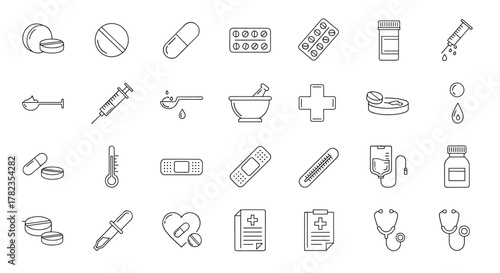 Collection of thin line icons representing pills, medication, and medical supplies, suitable for web, books, cards, and apps, presented as a vector cartoon illustration on a white background with
