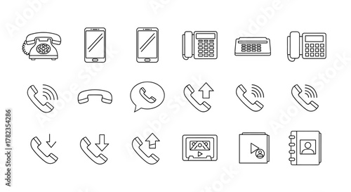 Collection of line icons representing various communication devices and actions, including vintage rotary phones, modern smartphones, office desk phones, fax machines, call icons, message bubbles
