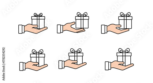 Set of six simple line art icons depicting a hand holding a gift box with a ribbon and bow, presented on a clean white background, symbolizing giving, receiving, and presents for various graphic