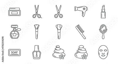A comprehensive collection of beauty and personal care line icons, featuring essential items like skin care jars, scissors, a hairdryer, lipstick, perfume bottles, makeup brushes, combs, mirrors