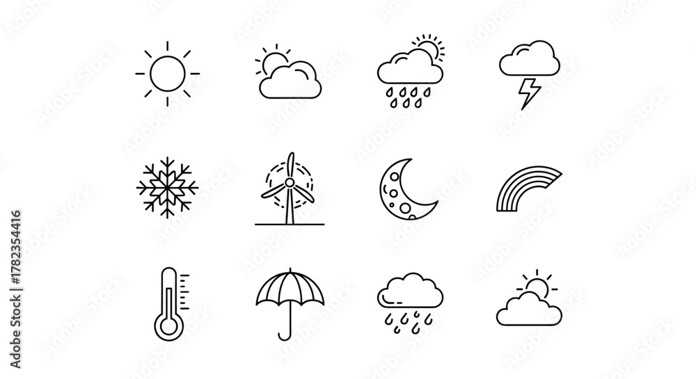 Naklejka premium Collection of thin line weather icons on a white background, including sun, clouds, rain, lightning, snowflake, wind turbine, moon, rainbow, thermometer, and umbrella, suitable for banners, cards