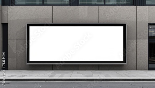 Urban building entrance featuring a large blank advertising billboard, ideal for promotional displays