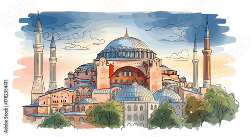 Watercolor vector illustration of Hagia Sophia, a historic architectural marvel in Istanbul, Turkey, showcasing its iconic domes and minarets against a soft, cloudy sky, evoking a sense of wonder and